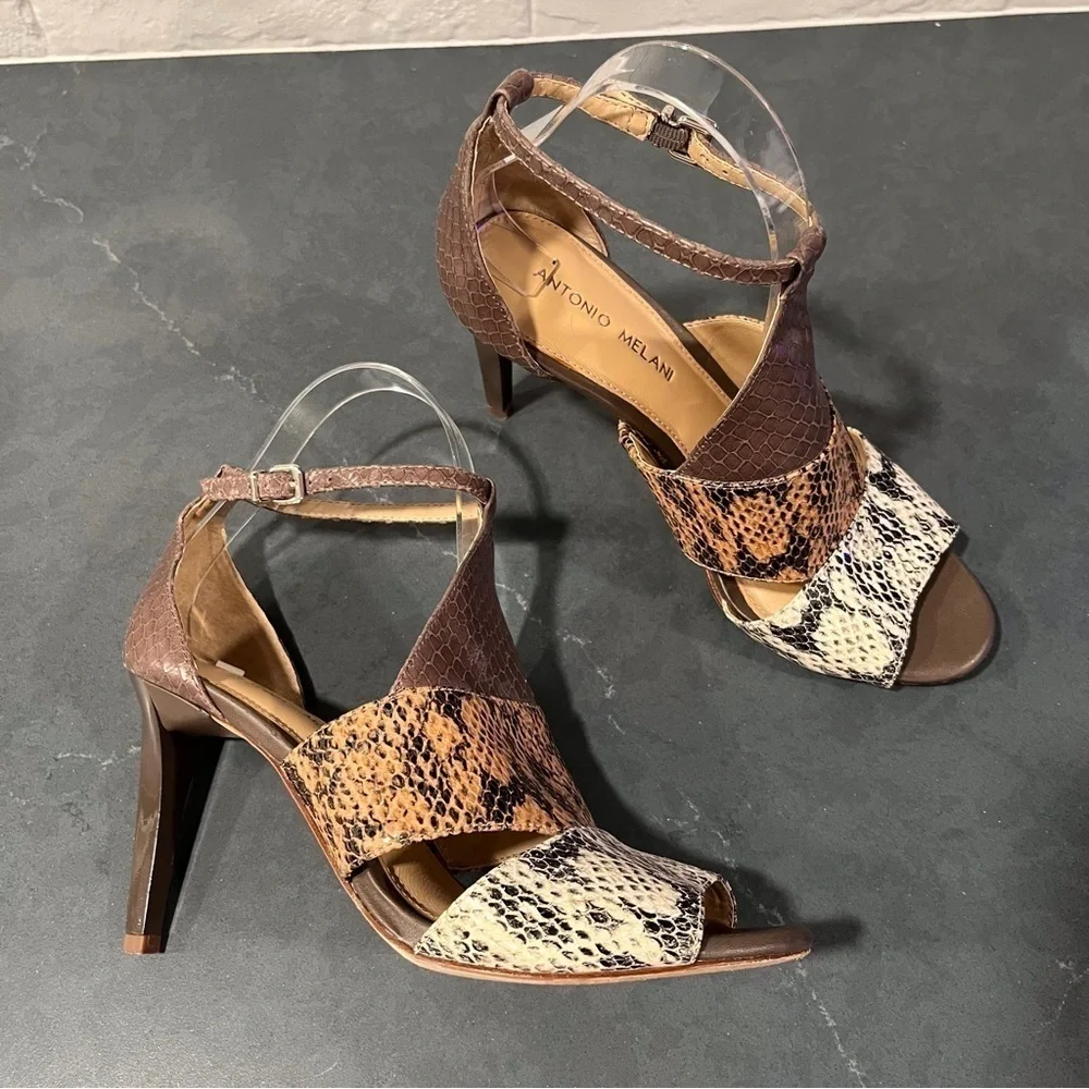 Antonio Melani sz 8 tri-color snakeprint leather high ankle strap heels